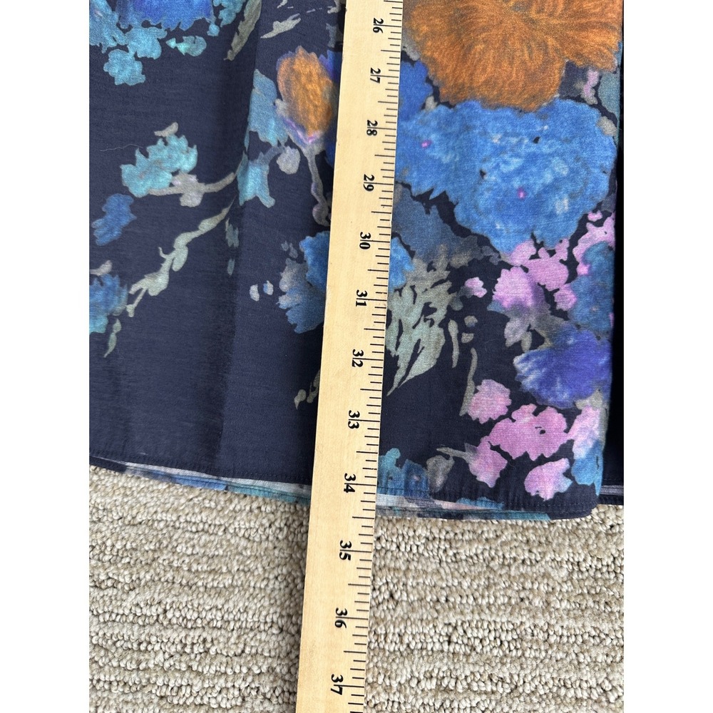 Vince Floral Smocked Waist Midi Skirt Navy Blue Orange Rayon Blend Large - Picture 4 of 9